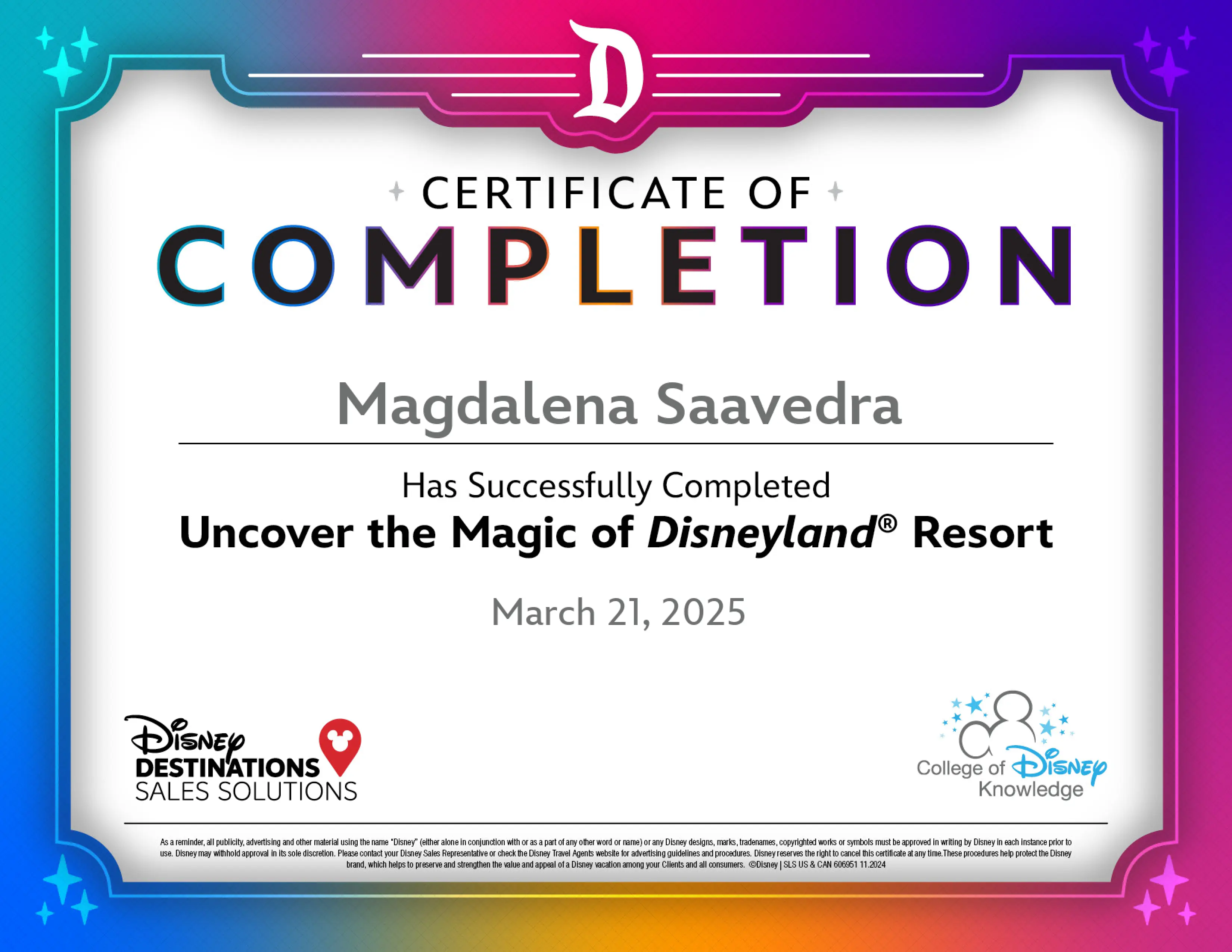 Disneyland Certificate